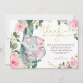Roze Bloemenolifant Baby shower Dank u kaart (Voorkant)