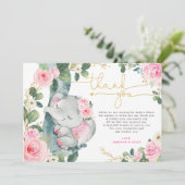Roze Bloemenolifant Baby shower Dank u kaart (Staand voorkant)
