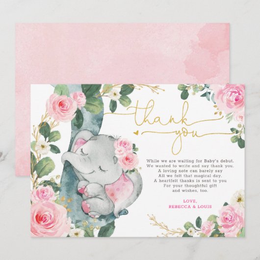 Roze Bloemenolifant Baby shower Dank u kaart (Voorkant / Achterkant)