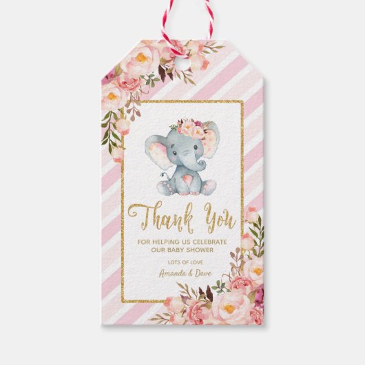 Roze Bloemenolifant Baby shower Dank u Labels Cadeaulabel (Voorkant)