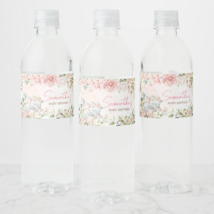 Roze Bloemenolifant Baby shower Waterfles Etiket