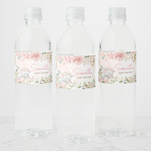 Roze Bloemenolifant Baby shower Waterfles Etiket (Flessen)