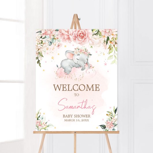 Roze Bloemenolifant Baby shower Welkom Poster