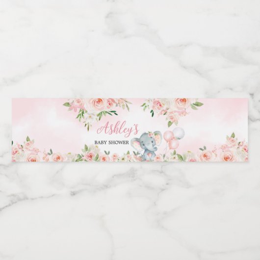 Roze bloemenolifantballon waterfles etiket (Enkel label)