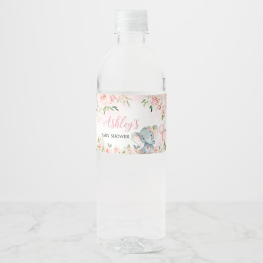 Roze bloemenolifantballon waterfles etiket (Voorkant)