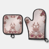 Roze  Bloemenoven Mitt & Pot Holder Set (Voorkant)