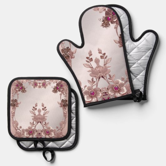 Roze Bloemenoven Mitt & Pot Holder Set (Voorkant / Achterkant)