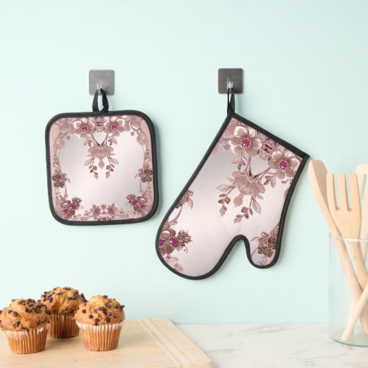 Roze  Bloemenoven Mitt & Pot Holder Set (Insitu(Ophanging))