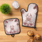 Roze  Bloemenoven Mitt & Pot Holder Set (Top down)