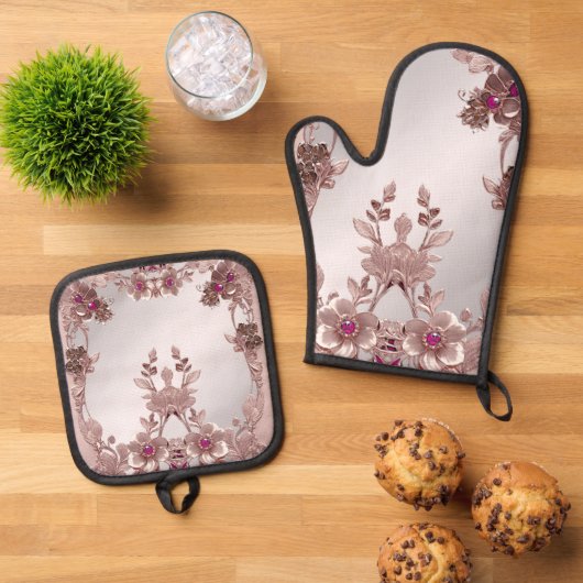 Roze  Bloemenoven Mitt & Pot Holder Set (Top down)