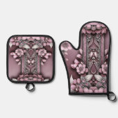 Roze Bloemenoven Mitt & Pot Houder Set (Voorkant)