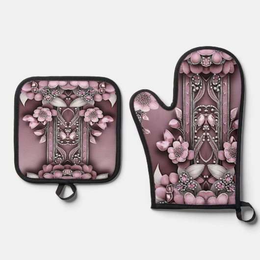 Roze Bloemenoven Mitt & Pot Houder Set (Voorkant)