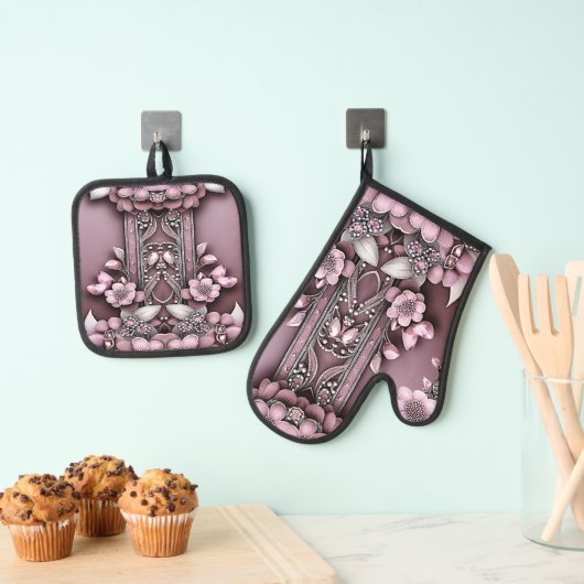 Roze Bloemenoven Mitt & Pot Houder Set (Insitu(Ophanging))