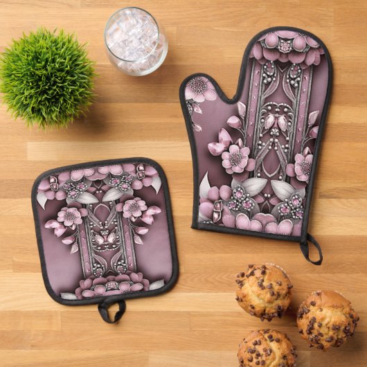 Roze Bloemenoven Mitt & Pot Houder Set (Top down)