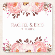 Roze bloemenpapier coaster met aangepaste namen