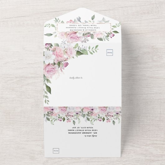 Roze Bloemenparadijs All In One Uitnodiging (Buitenkant)