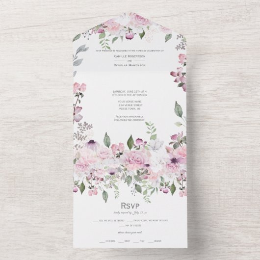 Roze Bloemenparadijs All In One Uitnodiging (Binnen)