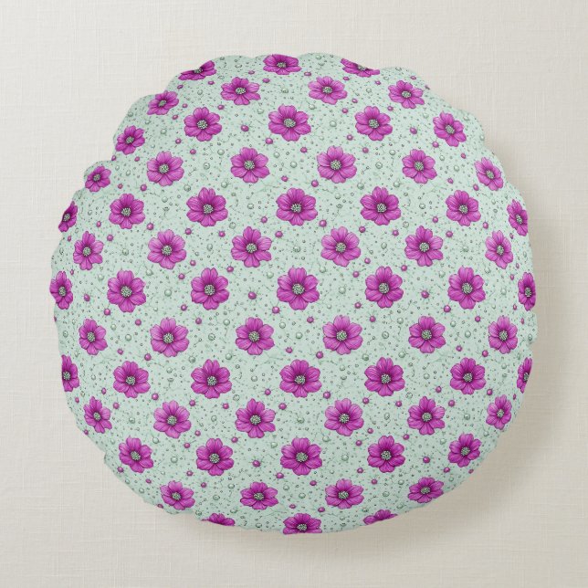 Roze Bloemenpatroon Met Druppels Rond Kussen (Voorkant)