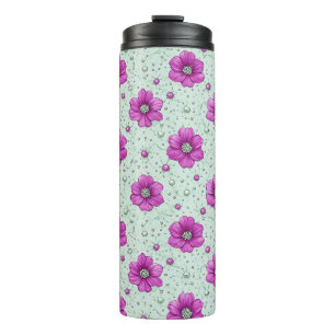 Roze Bloemenpatroon Met Druppels Thermosbeker