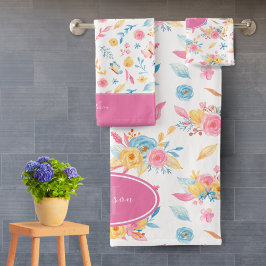  roze bloemenpatroon Monogrammen Bathroom Bad Handdoek