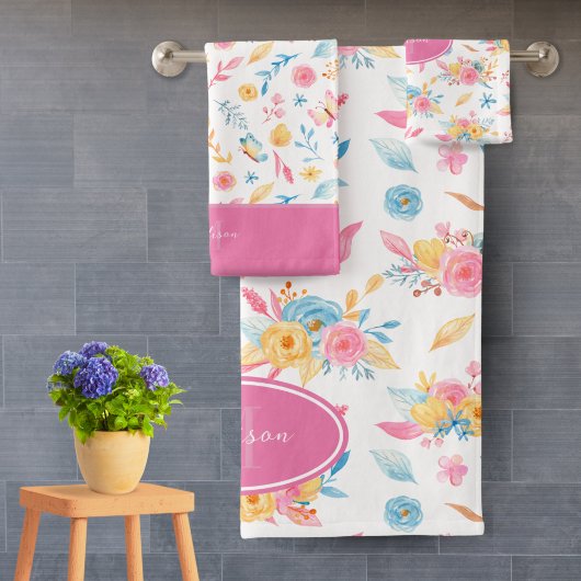  roze bloemenpatroon Monogrammen Bathroom Bad Handdoek