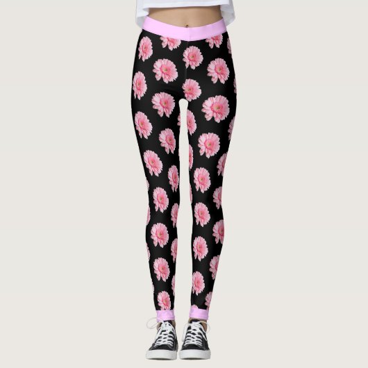 Roze bloemenpatroon op BLACK Leggings (Voorkant)