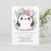 Roze Bloemenpinguïn Joyful Whimsy Baby shower Kaart (Staand voorkant)