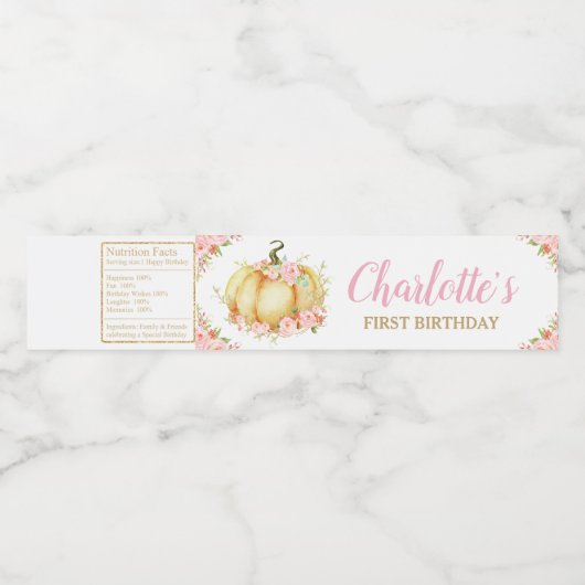 Roze Bloemenpompoen 1e Verjaardagsfeestje Meisje F Waterfles Etiket (Enkel label)