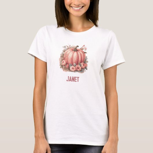 Roze Bloemenpompoen en Herfstbladeren T-shirt (Voorkant)