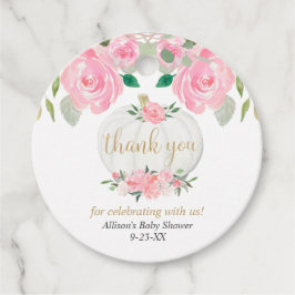 Roze bloemenpompoen goud wit baby shower bedankjes labels