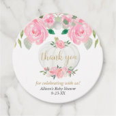 Roze bloemenpompoen goud wit baby shower bedankjes labels (Voorkant)