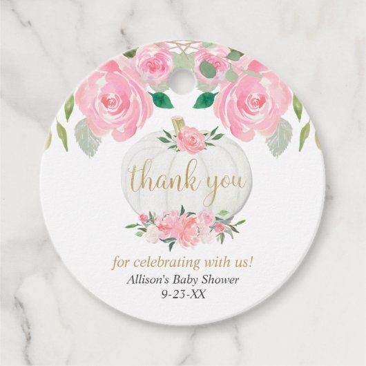 Roze bloemenpompoen goud wit baby shower bedankjes labels (Voorkant)