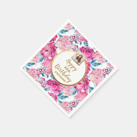Roze bloemenprint, foto, elke leeftijd, verjaardag servet (Hoek)