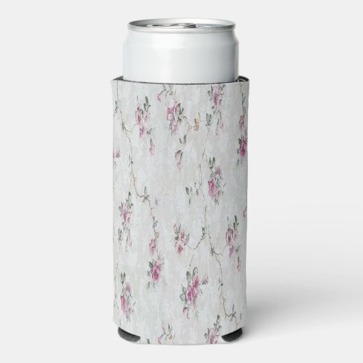 Roze bloemenprint op grijs seltzer blikjeskoeler (Seltzer Achterkant)