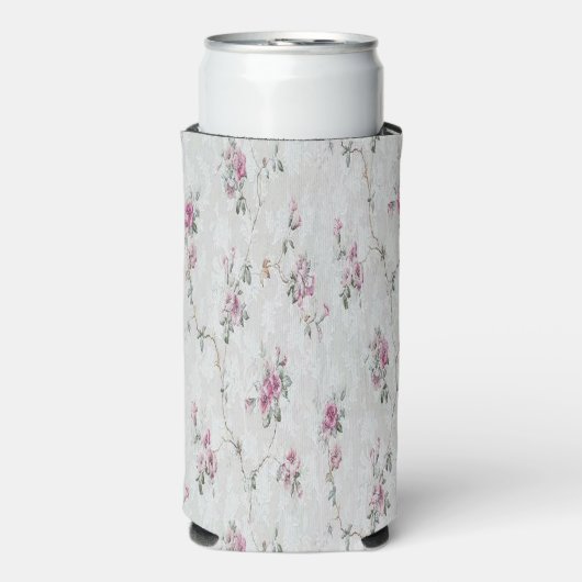 Roze bloemenprint op grijs seltzer blikjeskoeler
