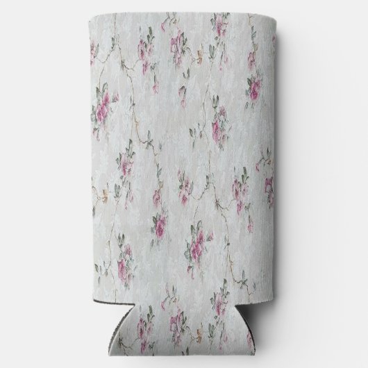 Roze bloemenprint op grijs seltzer blikjeskoeler (Achterkant)