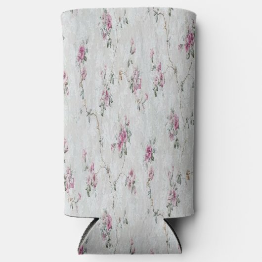 Roze bloemenprint op grijs seltzer blikjeskoeler (Voorkant)