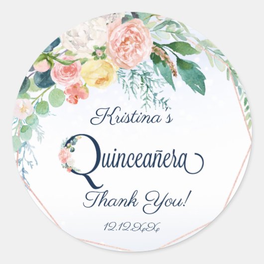  roze bloemenquinceanera dank u ronde sticker (Voorkant)