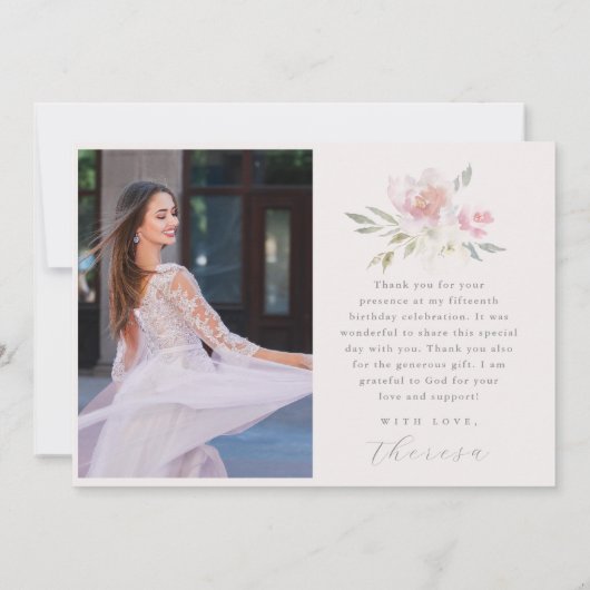  roze bloemenquinceañera foto dank u kaart (Achterkant)