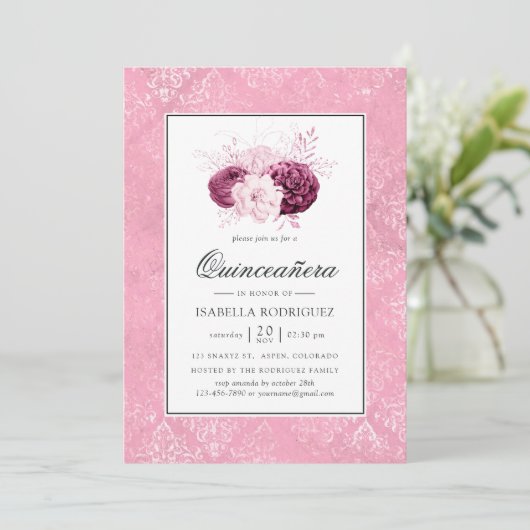  roze bloemenquinceañera kaart (Staand voorkant)