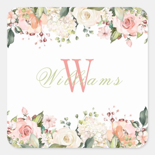 Roze Bloemenrozen Elegante Monogram Naam Vierkante Sticker (Voorkant)