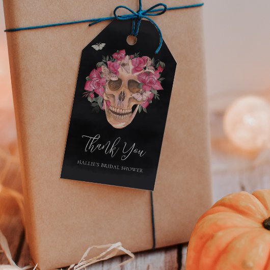 Roze bloemenschedel Halloween bruidsfeest cadeautj Cadeaulabel