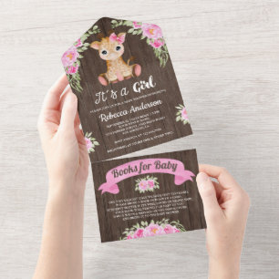 Roze Bloemenschildering Giraffe Houten Baby Shower All In One Uitnodiging