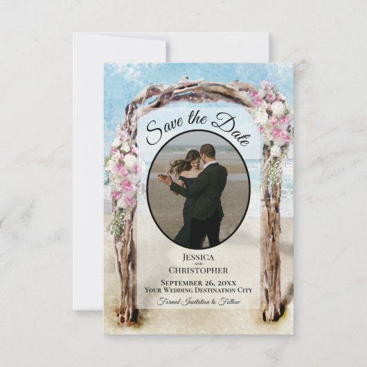 Roze Bloemenschildering Strandprieel & Foto Bruilo Save The Date (Voorkant)
