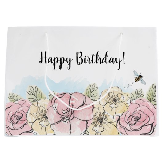 Roze bloemenschildering verjaardag groot cadeauzakje (Voorkant)