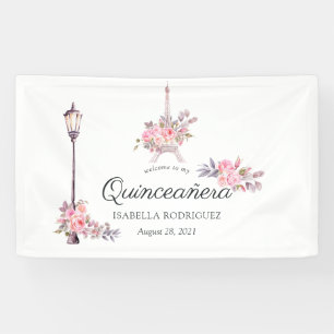 Roze Bloemenschildering Vintage Parijs Quinceañera Spandoek