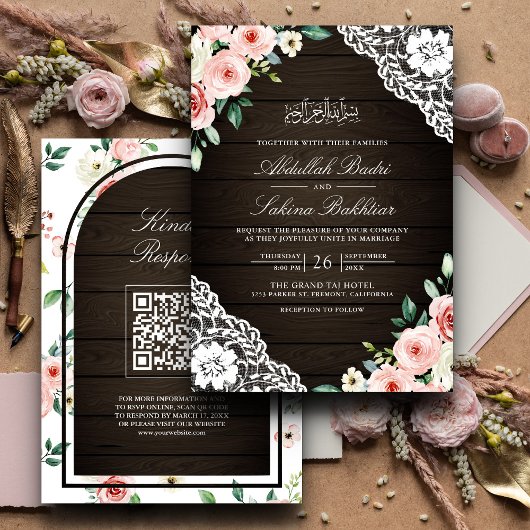 Roze Bloemenschuur Houten Kant QR Code Moslim Brui Kaart