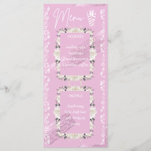 Roze bloemenscript bruiloft menukaart (Achterkant)