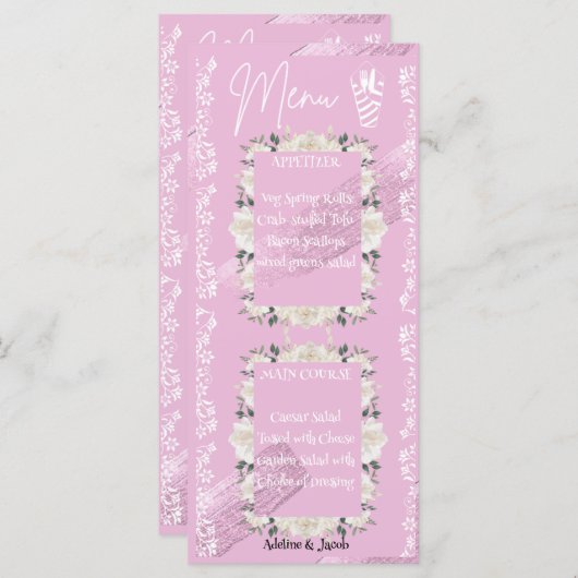 Roze bloemenscript bruiloft menukaart (Voorkant / Achterkant)
