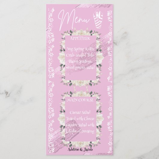 Roze bloemenscript bruiloft menukaart (Voorkant)